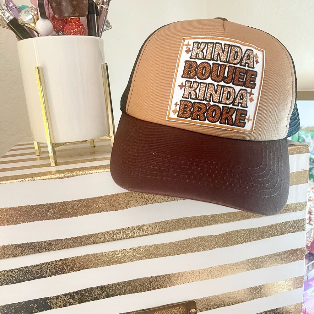 Trucker Hat Brown and Tan “Kinda Boujee Kinda Broke”NWOT Adjustable Snap Back
